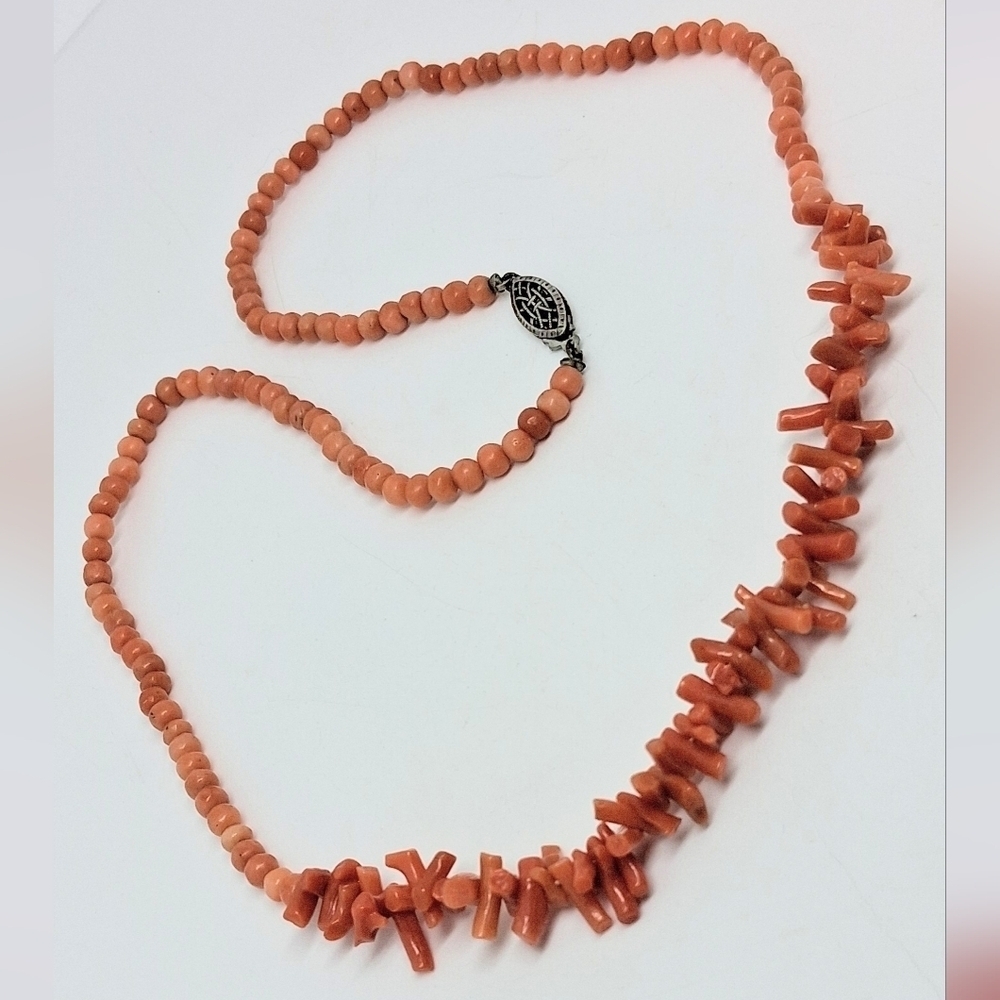 * Vintage Salmon Red Branch Coral Necklace 925 Box Clasp